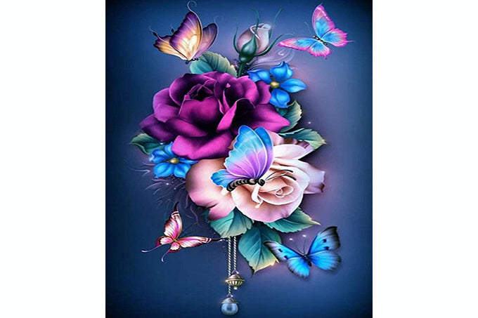 5D Diamant Maleri Fulddækkende 30cmx40cm Rose/Sommerfugle Blå