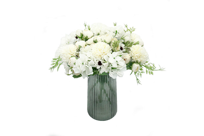 Kunstige Blomster Rose Hortensia Bryllup Buket Creme Hvid-KB1005