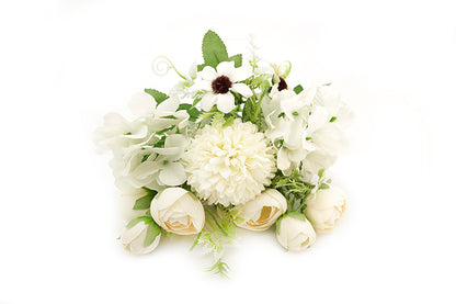 Kunstige Blomster Rose Hortensia Bryllup Buket Creme Hvid-KB1005