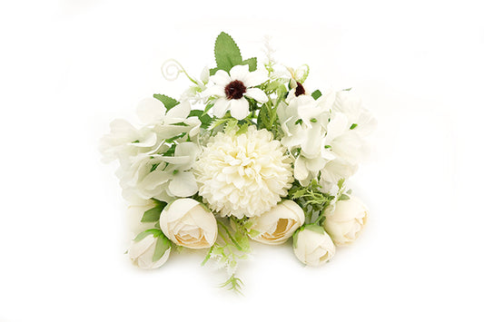 Kunstige Blomster Rose Hortensia Bryllup Buket Creme Hvid-KB1005